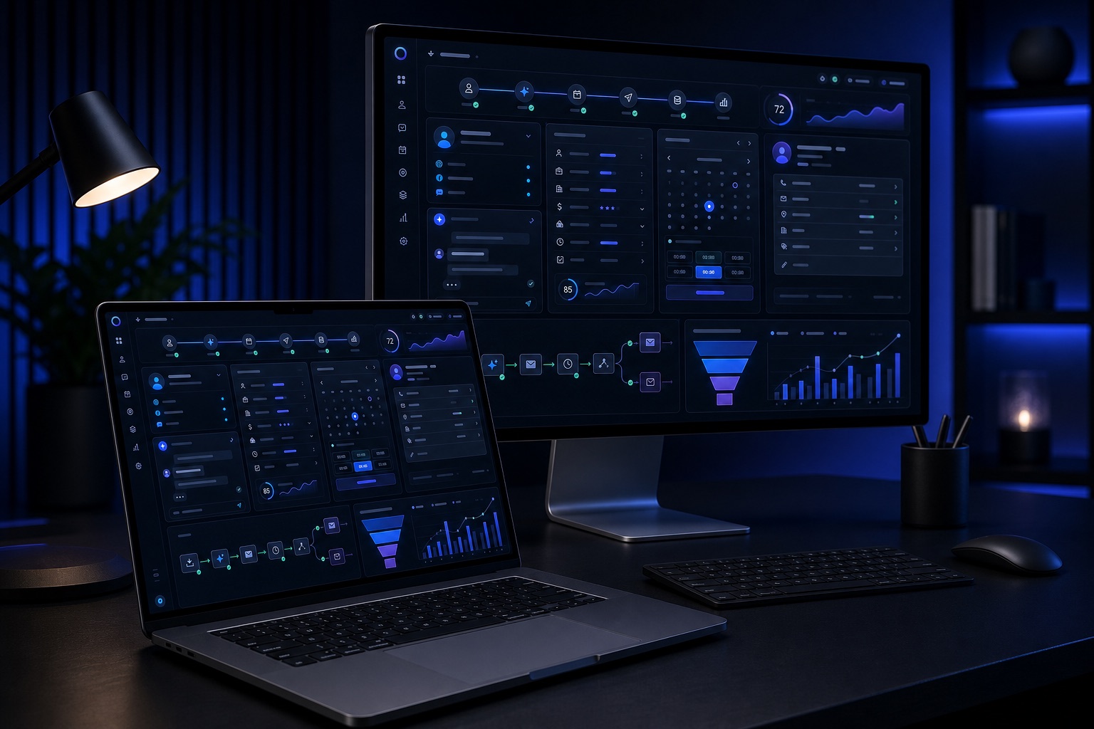 Revenue Systems dashboard prikazan na MacBook Pro računaru i desktop monitoru